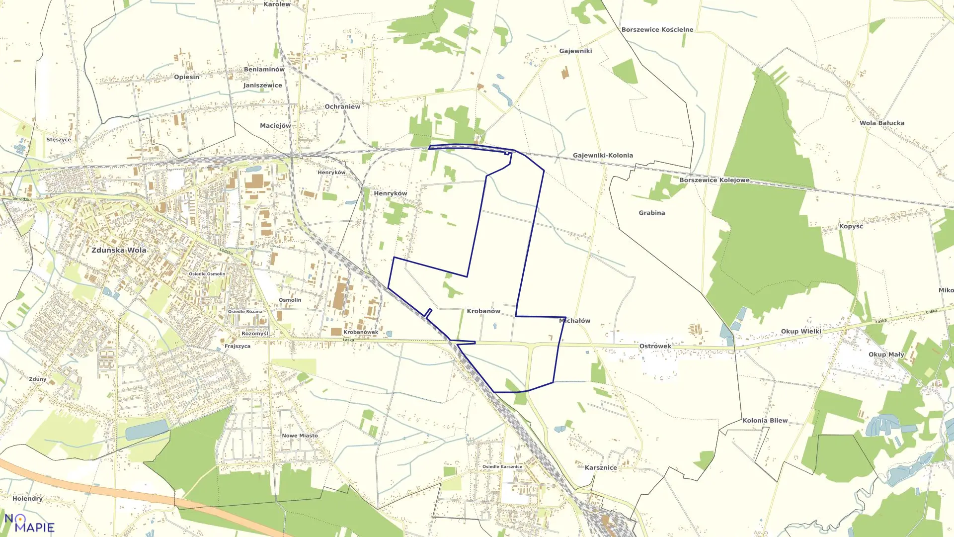 Mapa obrębu KROBANÓW w gminie Zduńska Wola