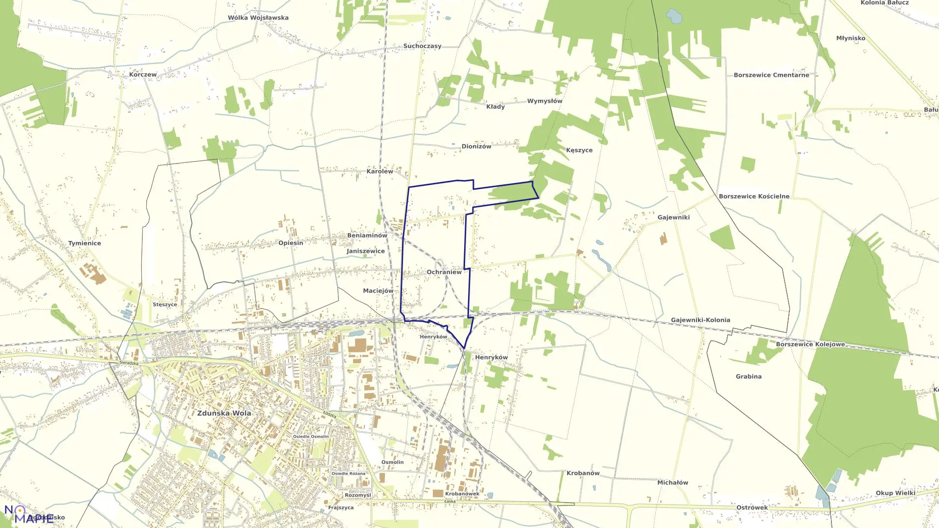 Mapa obrębu OCHRANIEW w gminie Zduńska Wola